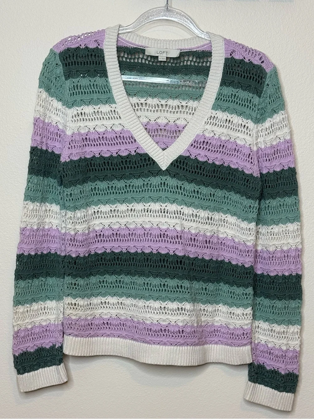 LOFT Striped Open-Knit V-Neck Sweater in Lavender, Green & White size Medium